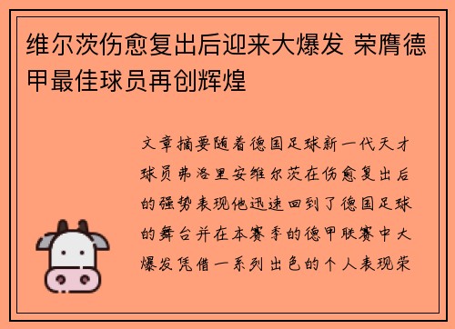 维尔茨伤愈复出后迎来大爆发 荣膺德甲最佳球员再创辉煌 维尔茨伤愈复出后迎来大爆发 荣膺德甲最佳球员再创辉煌